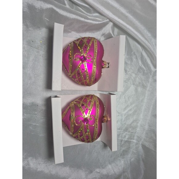 Set Of 2 Vitbis Glass Pink Jeweled Heart Shaped Ornaments Made In Poland - Picture 14 of 16